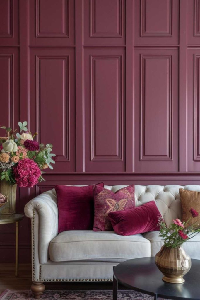 The rich burgundy walls of this opulent living room feature exquisite paneling, with ornate moldings artfully separating the top and bottom. 