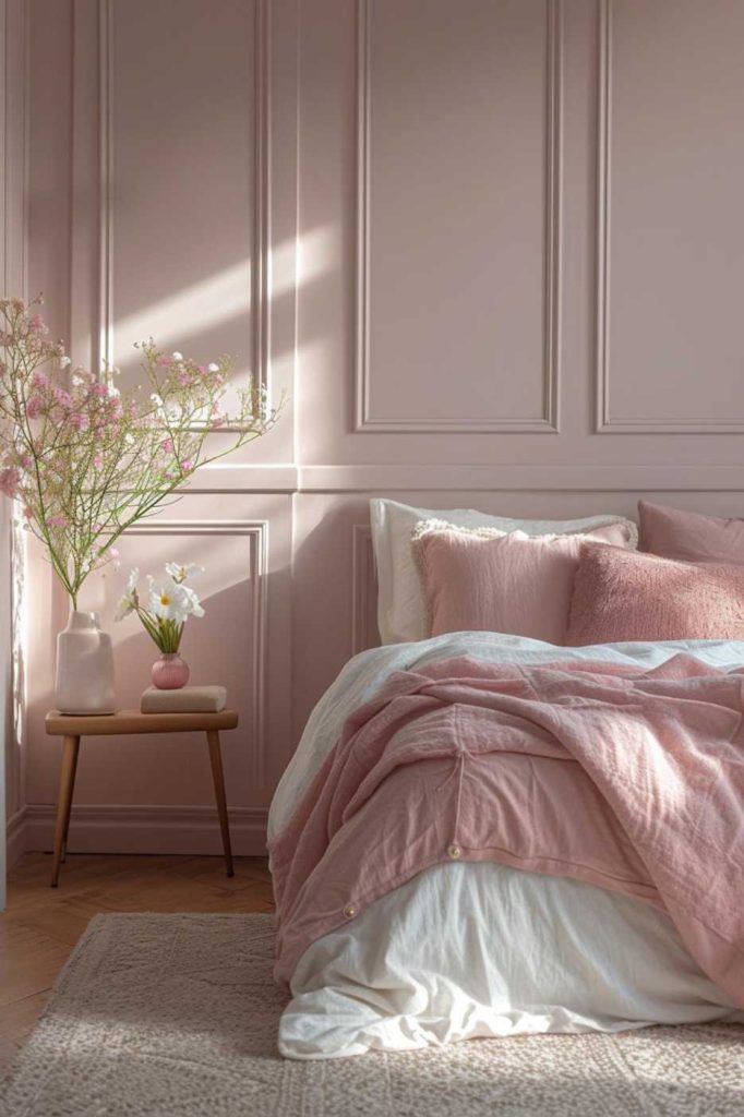 Embodying romance and contemporary style, the dusty pink walls of this bedroom combine square paneling at chair height with rectangular paneling on the remaining walls, unified by a top molding in the same color. 