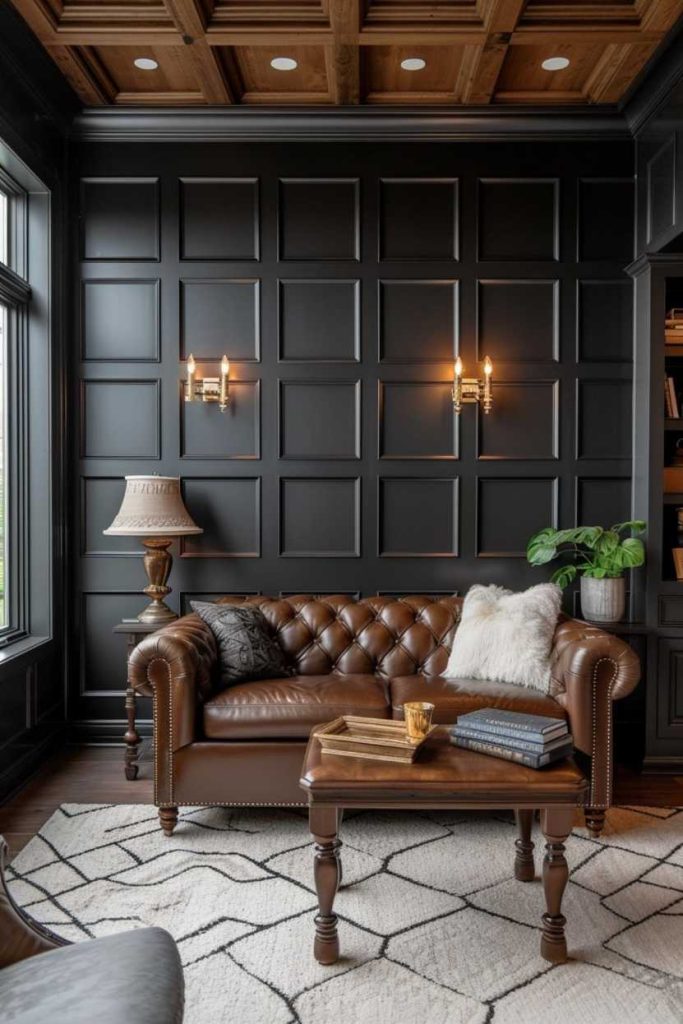 In this study, the square paneling on the black walls mirrors the wood panels on the ceiling, creating a rich and cohesive look. 