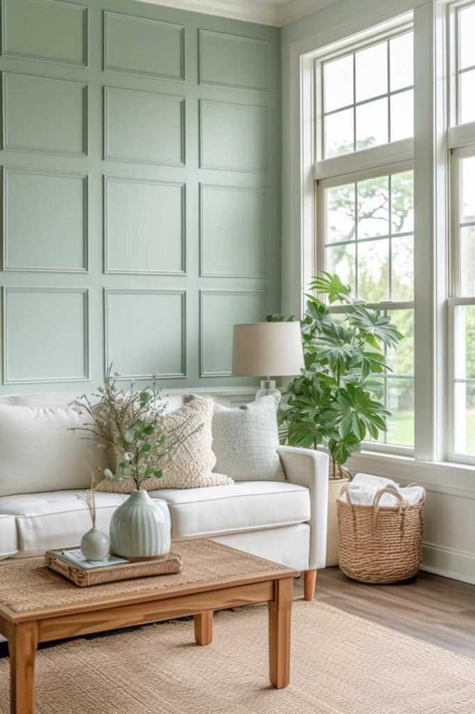 Raised square panels adorn this room's soft mint green walls, adding dimension to the space while soothing the senses. The wainscoting adds elegance to the room without compromising the calm, natural atmosphere.