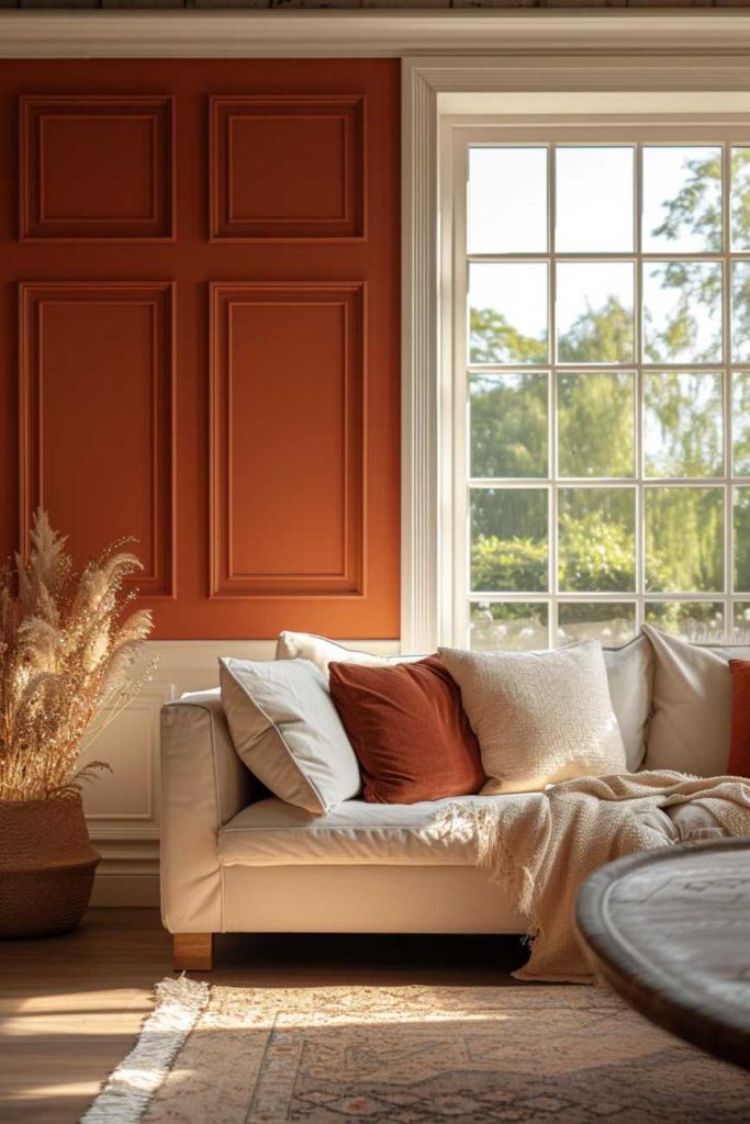 The contrast between the chair rail paneling in crisp white and the rest of the terracotta walls with traditional paneling provides a dynamic visual effect that attracts attention but at the same time invites warmth.