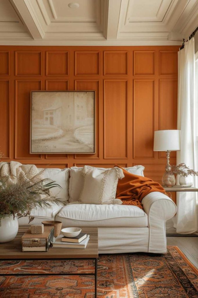 The Mediterranean flair of this living room is emphasized by paneling on light terracotta walls. 