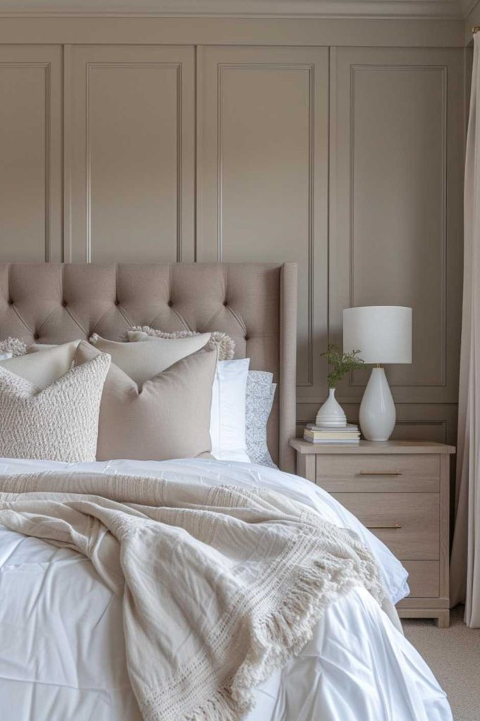 Bedrooms with a neutral color scheme often get a bad rap for looking drab, but as this bedroom interior shows, tasteful paneling can break up a neutral palette with depth and texture. 