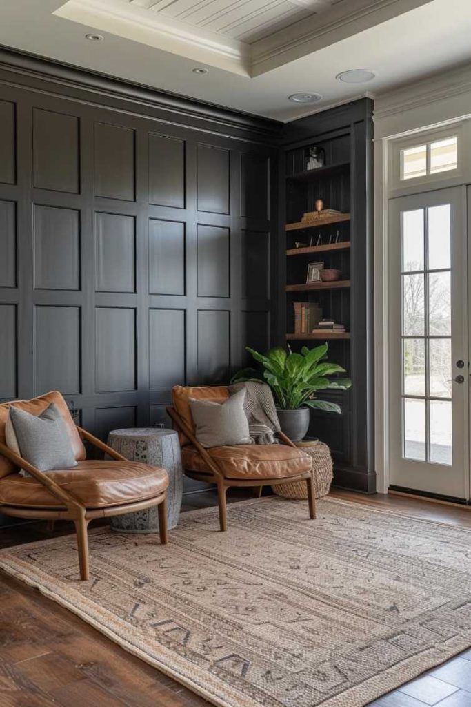 Flat wainscoting panels are perfect for a straight-line, no-frills look. However, if you want to give them some pizzazz, choose a dark wall color like black or charcoal. 