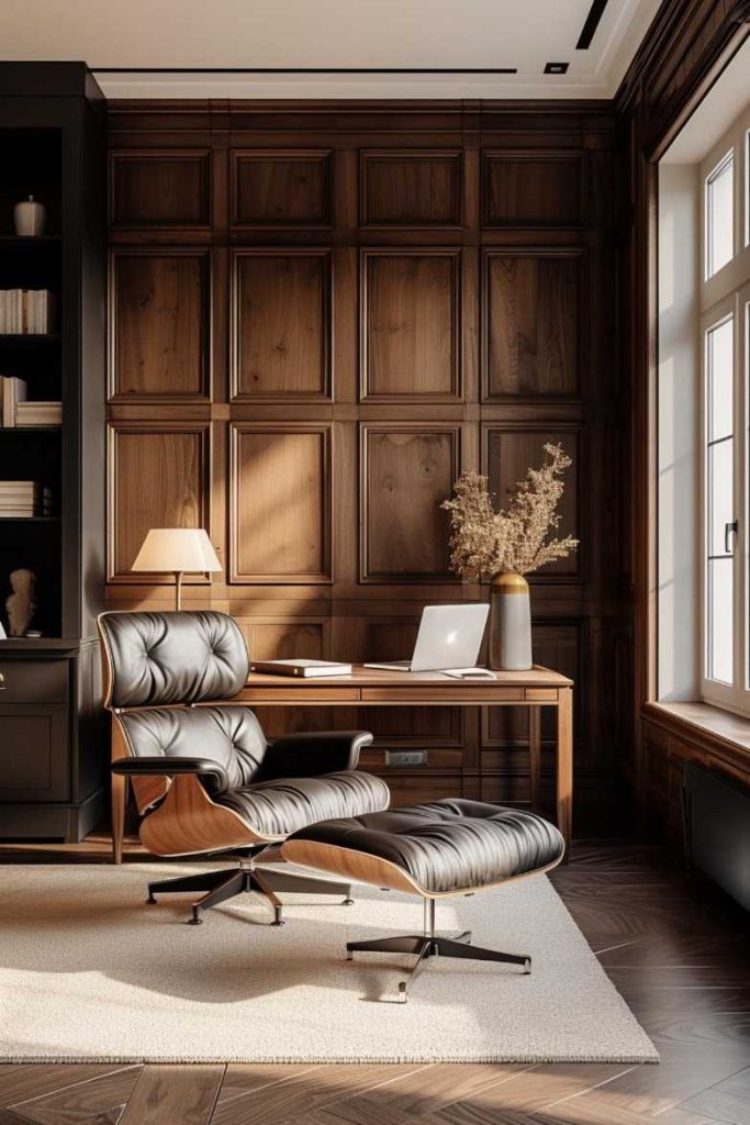 The epitome of timeless warmth, this study features rich dark walnut walls with beautiful paneling. 