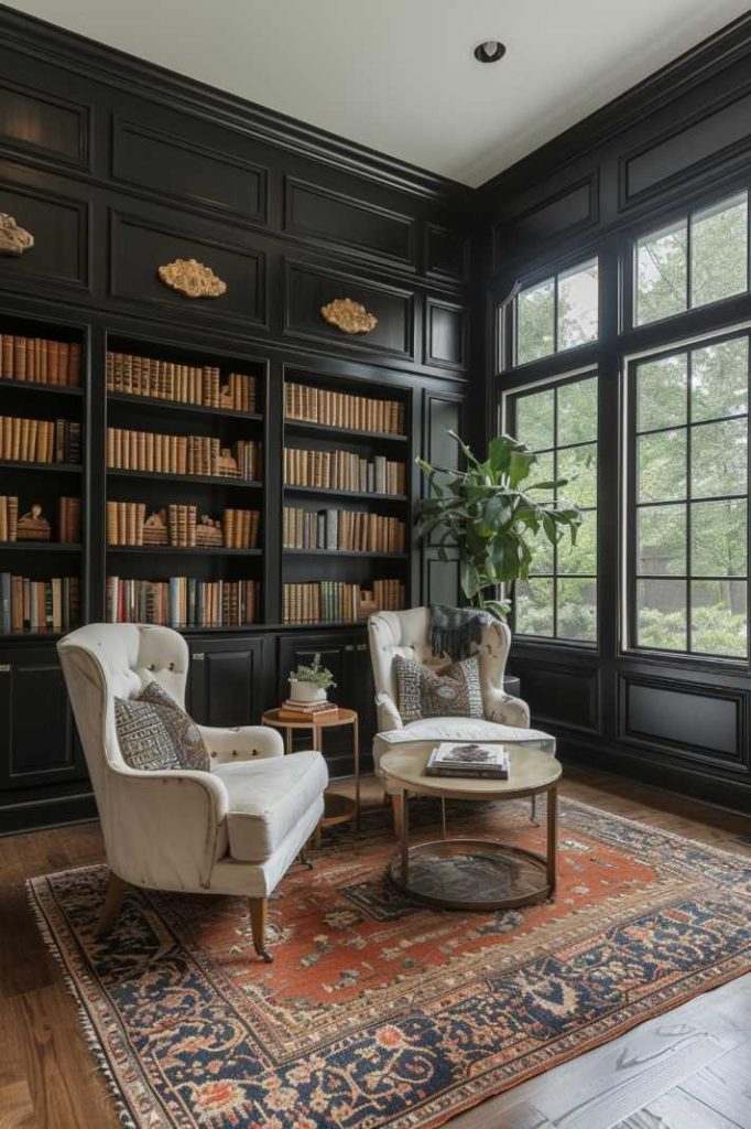 The dark black walls of this home library—adorned with glamorous paneling and ornate gold accents—create a scene full of drama and panache. 