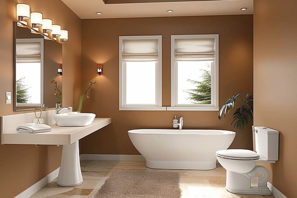 a realistic image of a modern bathroom, walls painted in Behr caramel colors, white bathtubs and sinks  