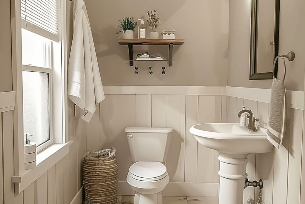 Realistic image of a farm bathroom, walls painted with the color Behr Wheat Bread 720C-3, white toilet, white sink