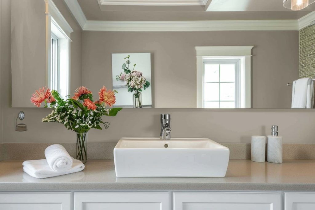 a realistic image of a powder room with a white sink and large wall mirror, walls in the color Sherwin-Williams Sandstone HC 157, fresh flowers in a vase, hand soap in a white container with a towel  