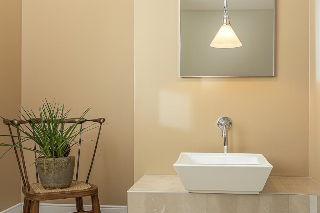 a realistic image of a powder room with white sink and large wall mirror, walls painted Desert Tan 2153-50, white sink with mirror on the wall  