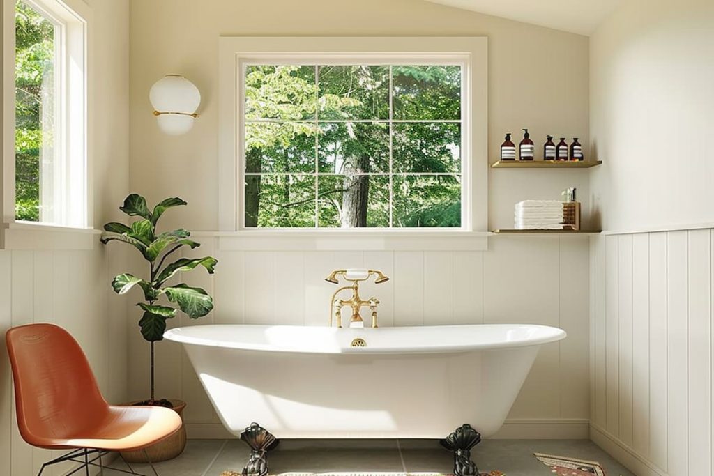 Realistic image of a country style bathroom highlighting the bathtub with window next to it, a white bathtub, bathroom accessories on shelves, a potted plant next to the bathtub, walls painted in ivory white  