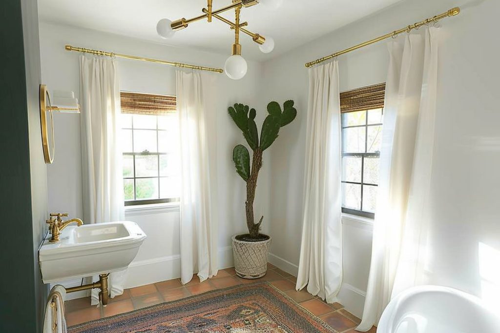 a realistic image of a guest toilet, a white sink, white curtains with gold curtain rods and walls in the color NIGHT BLOOMING JASMINE  