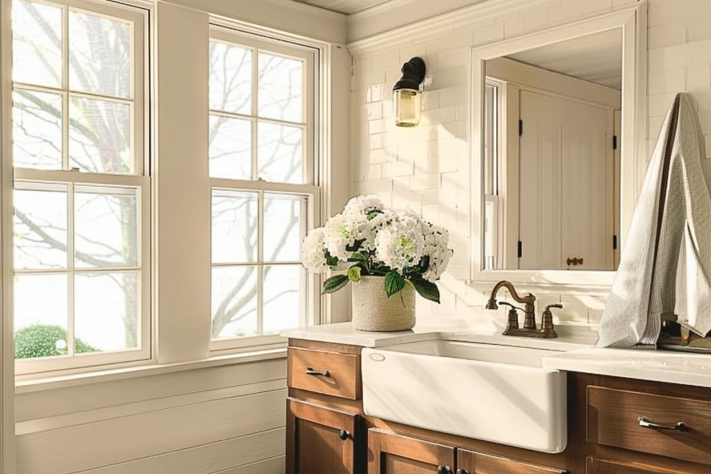 a realistic guest toilet with white to yellowish painted walls, white sink and wooden cabinets, large window next to the sink and a mirror next to it  