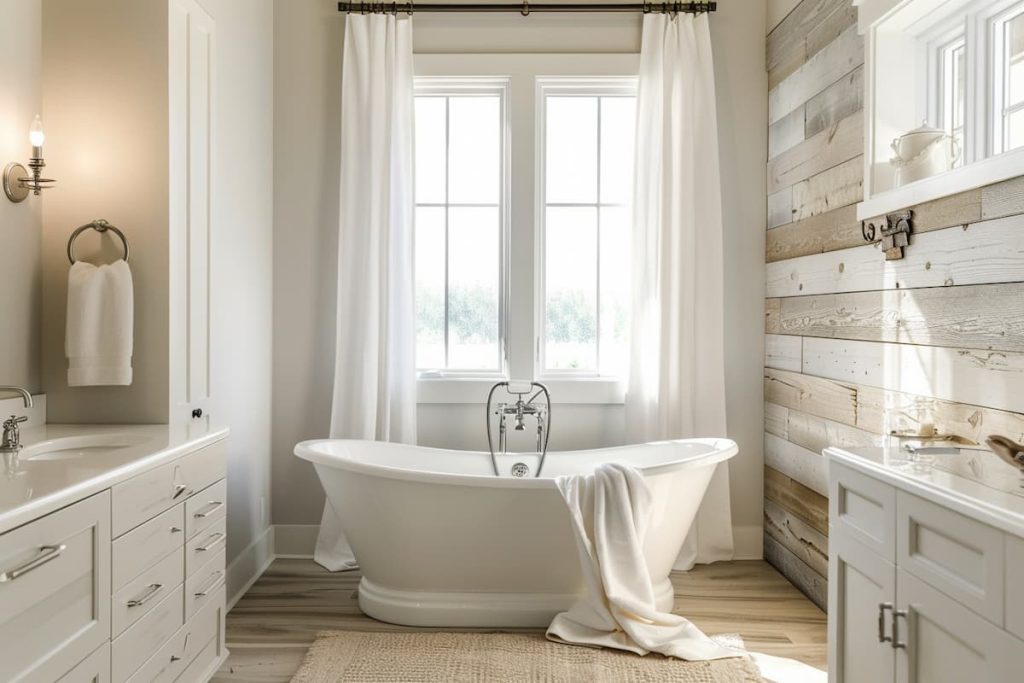 Realistic image of a country-style bathroom with a bathtub, walls in a pleasant gray color and white curtains