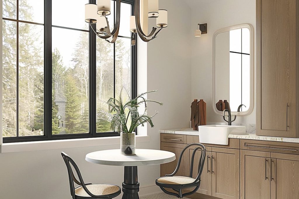 A realistic powder room with walls painted in Oyster White, white sink and wooden cabinets, large window next to the sink and a mirror next to it  