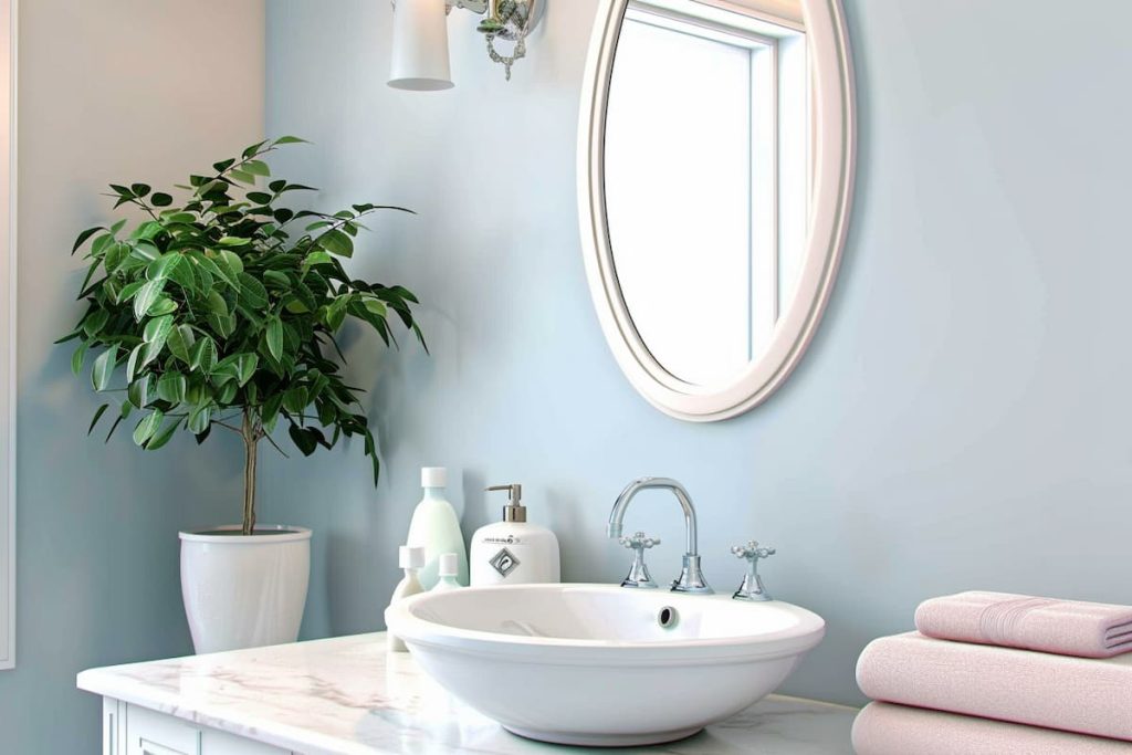 a realistic image of a powder room with a sink, a wall mirror for the face, a large potted plant next to it, toiletries and tissue paper on the shelves. The walls are painted in Pale Smoke 1584 color  