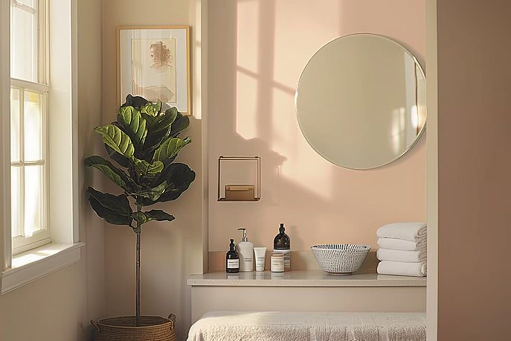 a realistic image of a powder room with a sink, a wall mirror for the face, a large potted plant next to it, toiletries and tissue paper on the shelves. The walls are painted with Behr clamshell paint  