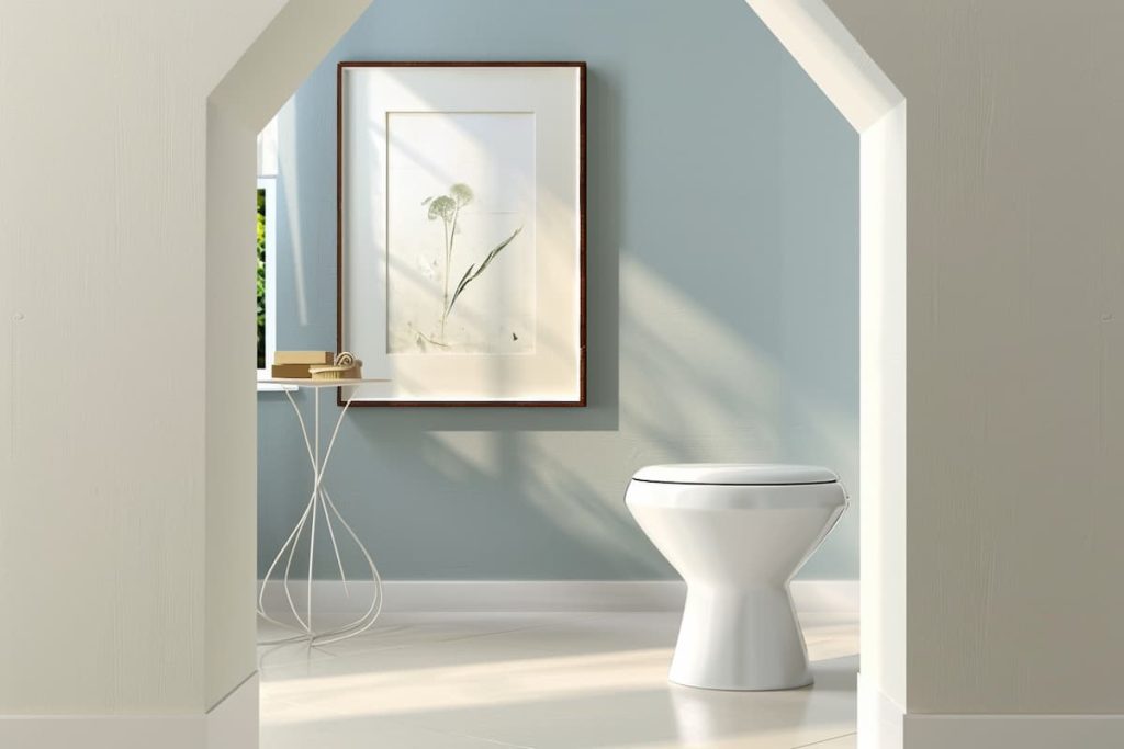 A realistic image of a bathroom with a white toilet bowl, a painting in a white frame and a window, high resolution, natural light  