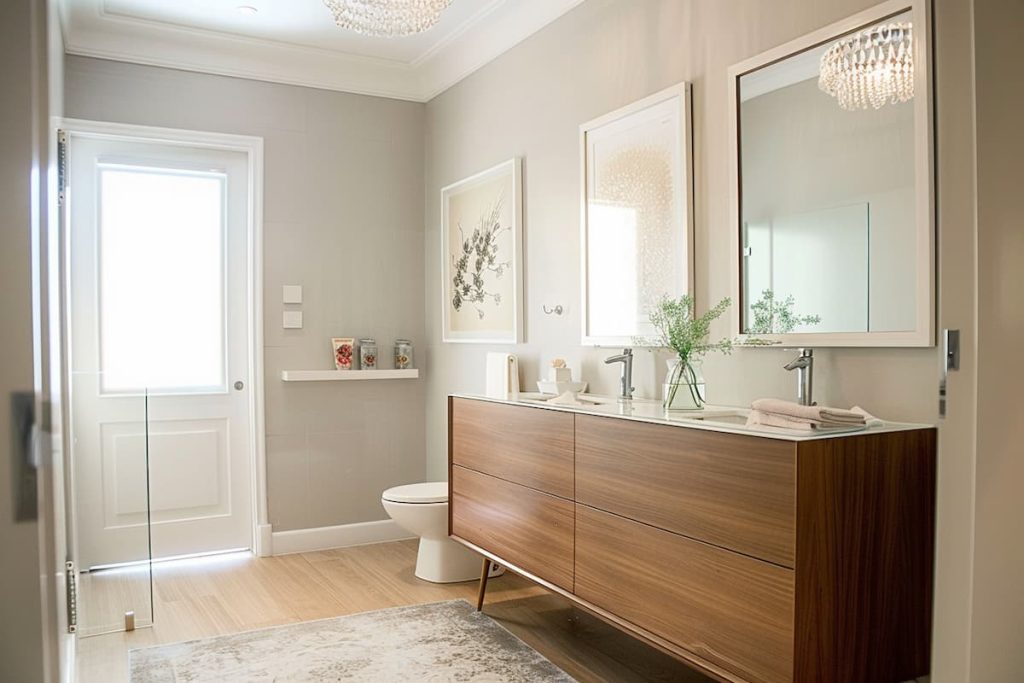 Image of a modern bathroom with a glass shower area, a white toilet bowl and a white towel. a window with a white curtain, a potted plant, High Definition::1  