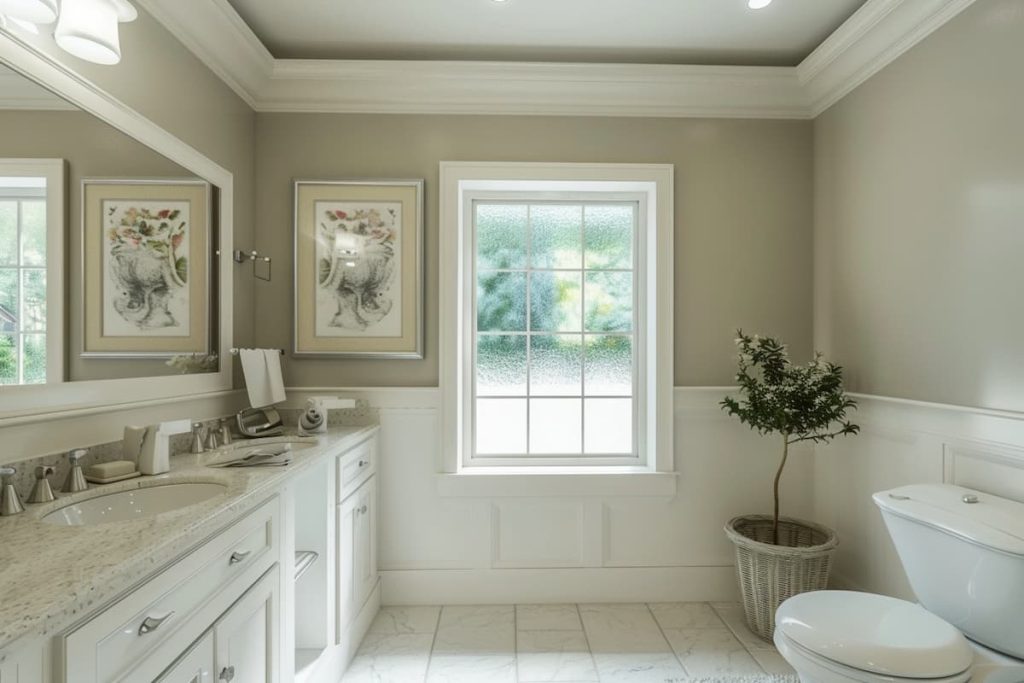 A realistic image of a bathroom with a white toilet bowl, a painting in a white frame and a window, high resolution, natural light, elegant dressing table with a mirror  