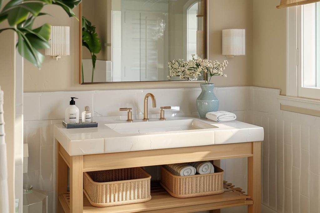 A realistic beautiful powder room in a beach house with white sink and wooden furniture, elegant mirror design and towels and toiletries on the counter  