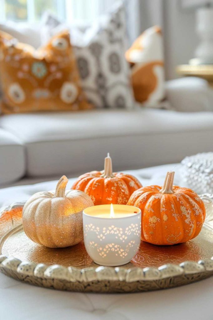 A gilded tray displays a row of miniature pumpkins, their orange hues mingling with the candlelight. This elegant arrangement brings the warmth of fall to any coffee table or living room.