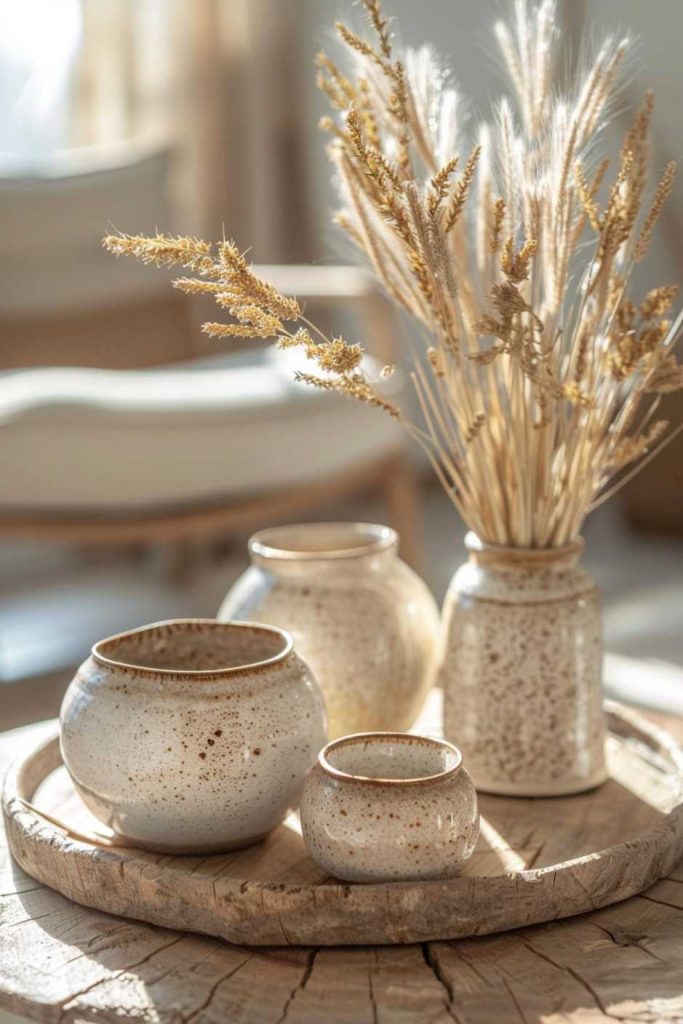 Earthy-toned ceramics filled with dried wheat stalks stand proudly on a rough-hewn wooden table. It is a celebration of the colors and textures of the harvest.