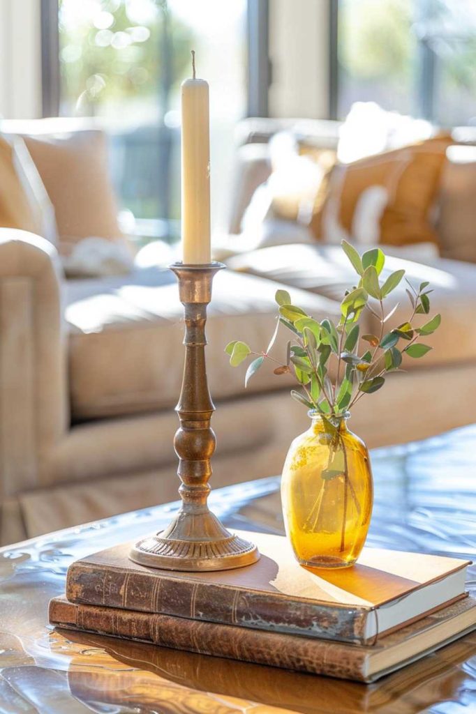 An antique brass candle holder and a stack of weathered books topped with a small amber glass vase create a picture of autumnal vintage charm.