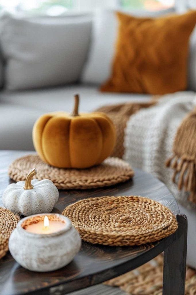 Soft, knitted coasters and plush velvet pumpkins add cozy texture and suggest the coziness of fall on a sleek, modern coffee table.