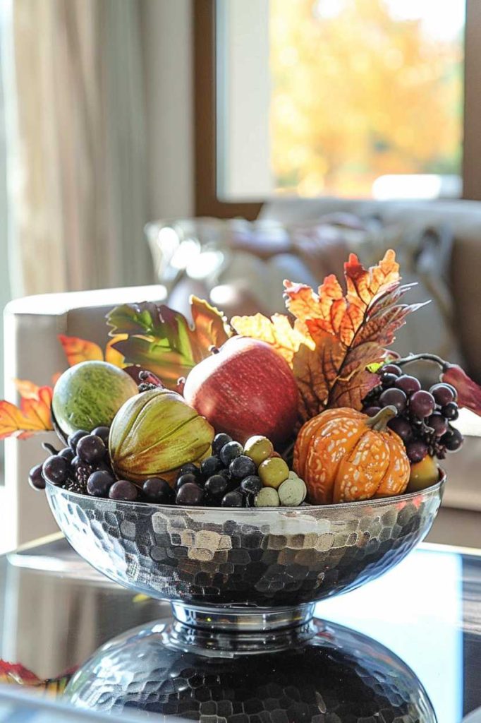 An elegant, metallic bowl is full of faux fall fruits and leaves, adding a modern twist to the traditional cornucopia, perfect for fall coffee table decorations.