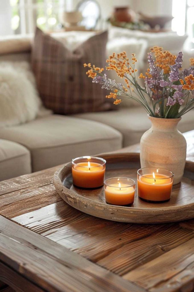 A group of hand-dipped beeswax candles sit on a barnwood tray, their warm glow adding to the charm of the <a href=