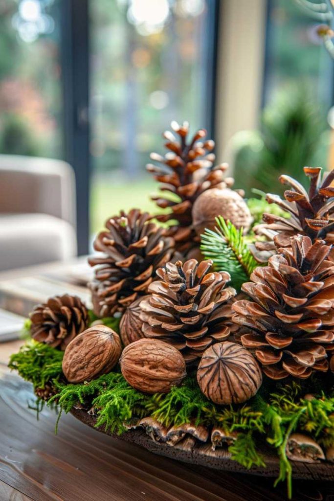 A Buddha statue surrounded by a garland of faux fall leaves adds a calming, meditative element to the fall coffee table scene.