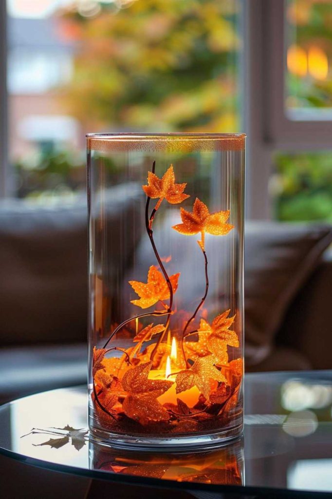 A candle stands in a hurricane vase, its glittering autumnal decorations casting a magical glow on the surface of the coffee table and adding warmth to the room.