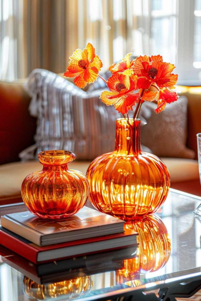 Different colored glassware and a range of fabric-covered books make fantastic fall coffee table decorations, each offering a pop of autumnal color to create a versatile focal point.