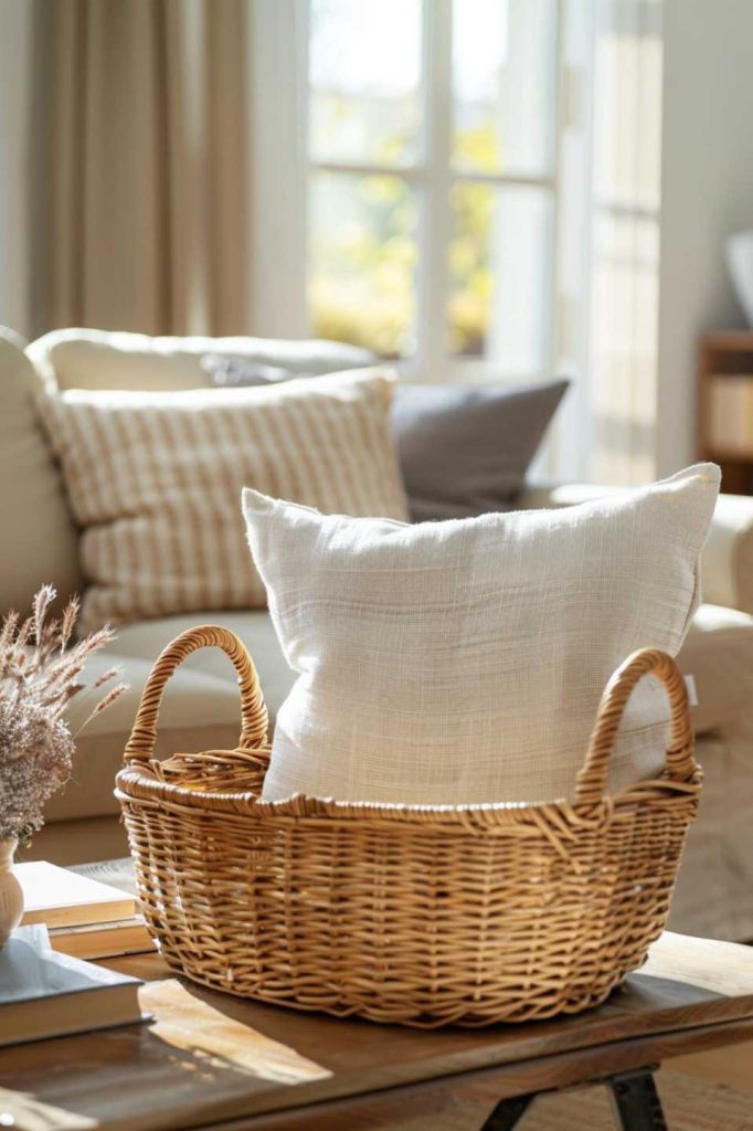 A wicker basket full of plush blankets and richly textured pillows invites you to enjoy a moment of cozy indulgence on a crisp fall evening.