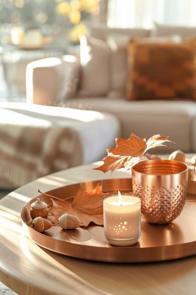 Brushed copper candle holders, faux leaves and acorns surround a flickering flameless candle on a round copper tray, its metallic sheen catching the light.