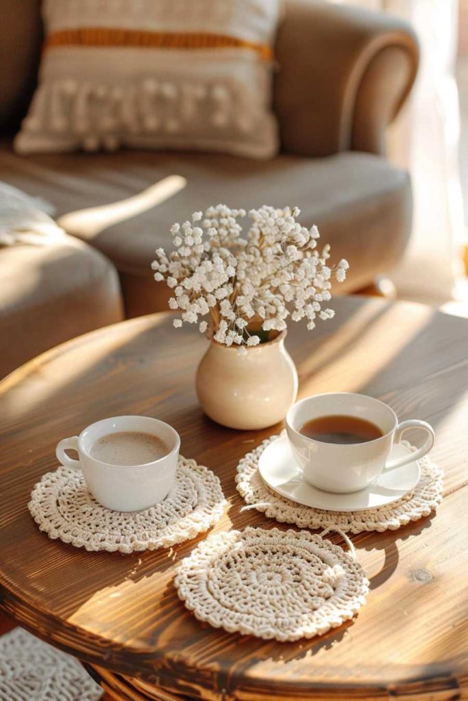 An arrangement of crocheted coasters and a delicate lace doily add rustic country charm to a humble <a href=