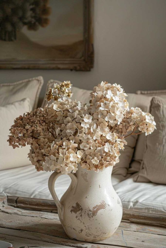 A vintage milk jug spills an abundance of dried hydrangea blossoms, their muted tones whispering tales of the end of fall.