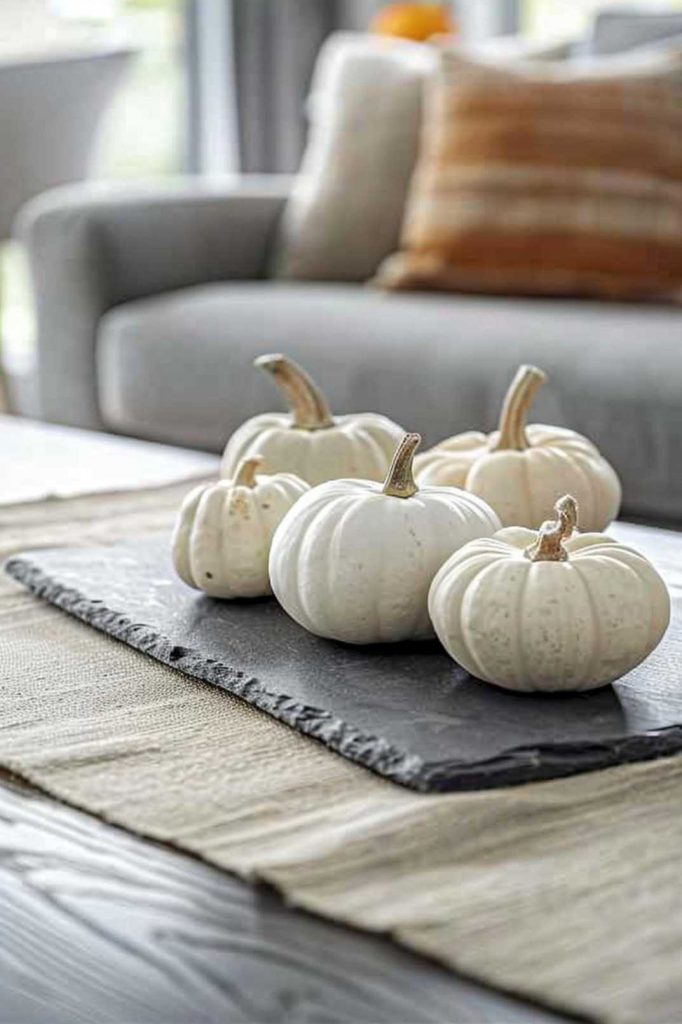 A row of small, white pumpkins marches across a slate table runner, embodying understated simplicity with a nod to the season.