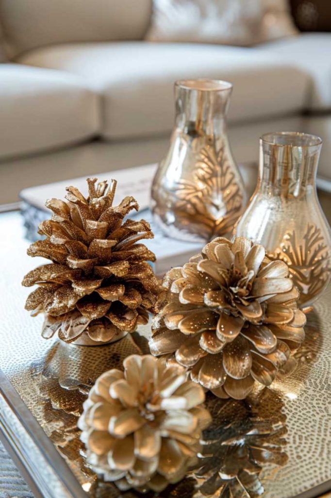 Gold-painted pine cones paired with a mercury glass votive candle holder add a touch of glamor to the relaxed, rustic vibe of your fall coffee table decor.