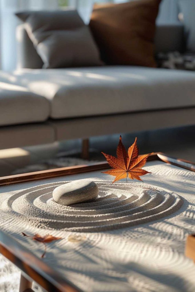 In a miniature Zen garden of raked sand and smooth stones, a single maple leaf stands as a testament to the ephemeral beauty of autumn.