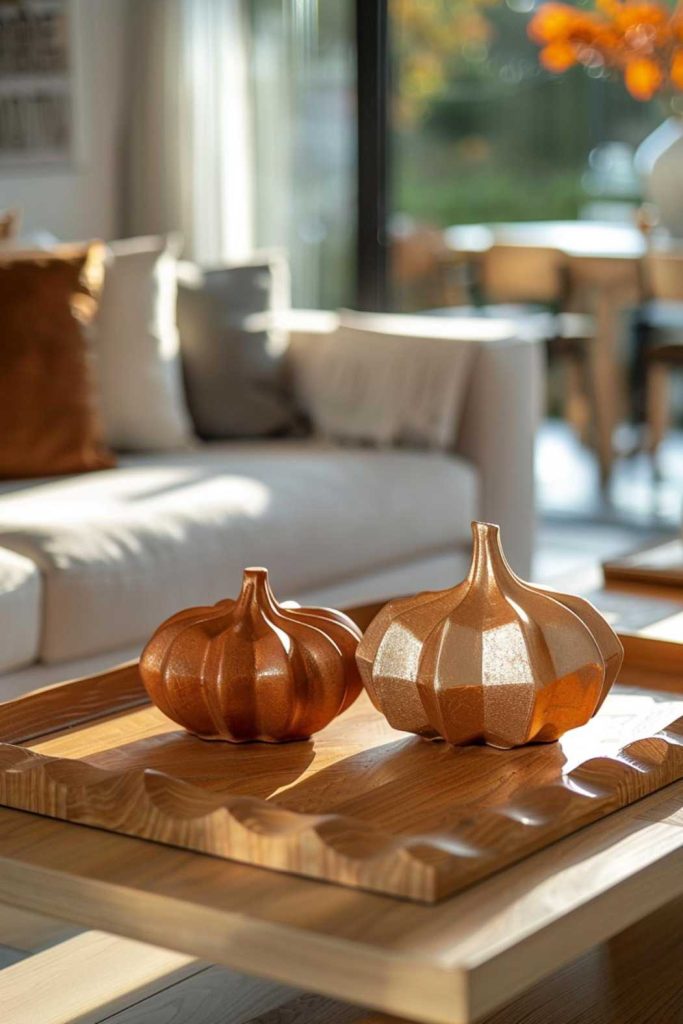 Abstract ceramic pumpkin sculptures contrast their smooth lines with a jagged <a href=