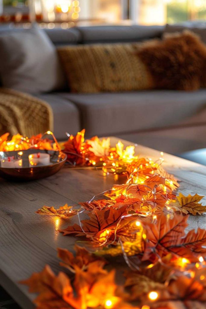 A series of tiny, twinkling fairy lights wind through a garland of fall leaves, adding a subtle sparkle amid the earthy tones.