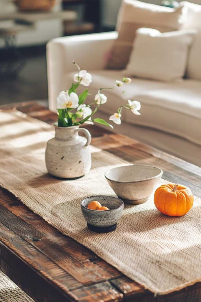 Handmade pottery and a casually draped burlap table runner add an artisanal flair to a room's fall coffee table decor.