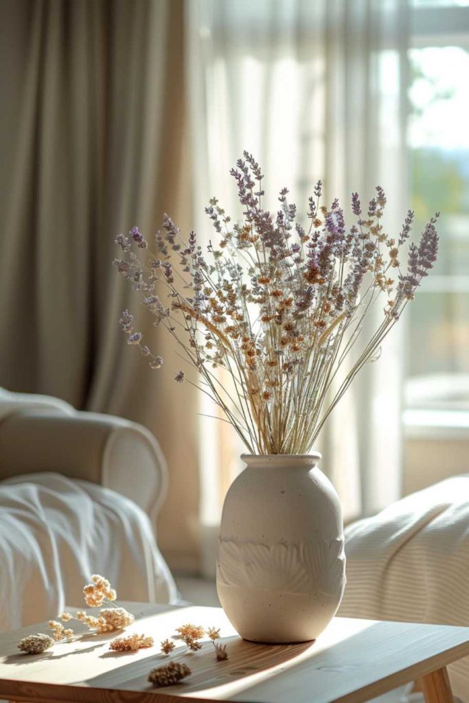 A vase of dried lavender and pale pink strawflowers offers an alternative, soft pastel approach to fall decor.