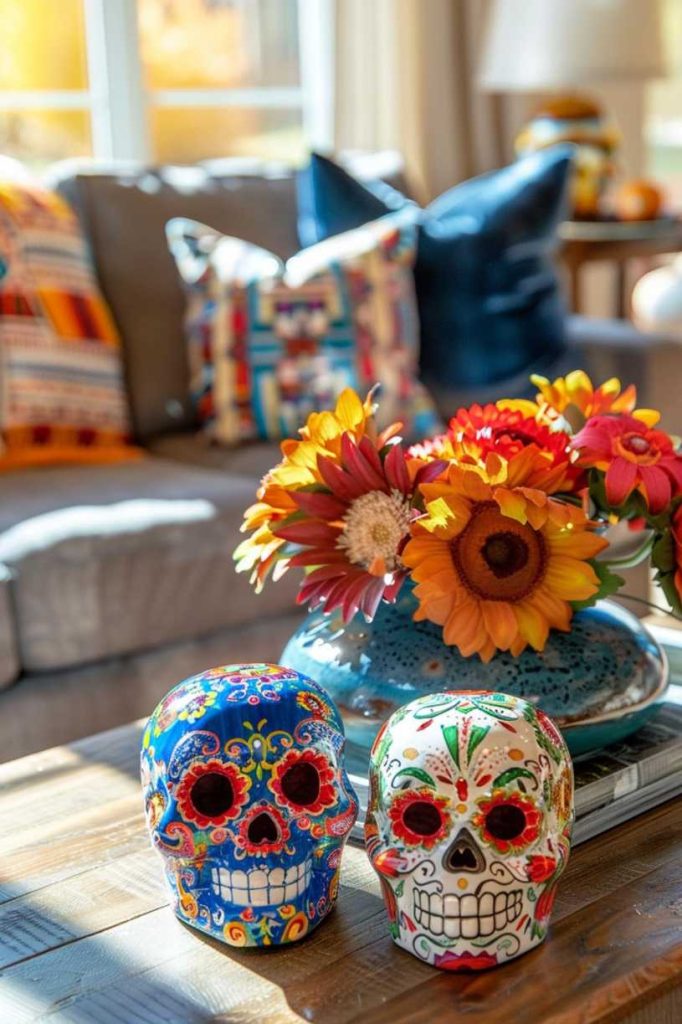 Colorful ceramic sugar skulls depicting Dia de los Muertos are displayed amid traditional <a href=