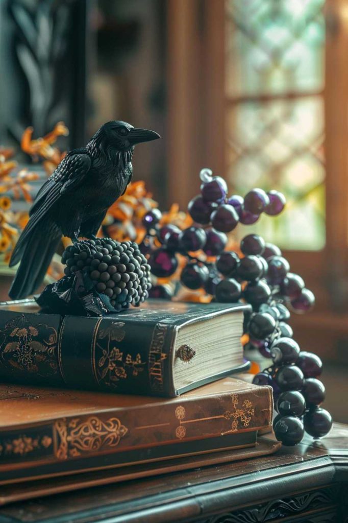 A raven figurine towers over dark, jeweled orbs and a stack of gothic novels, adding a touch of midnight whimsy to the decor.