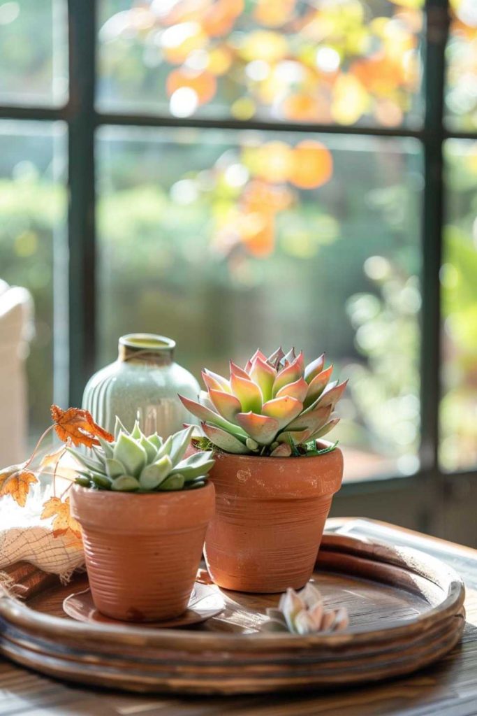 Terracotta pots full of succulents are interspersed with dried seed pods, creating a vibrant indoor garden scene.