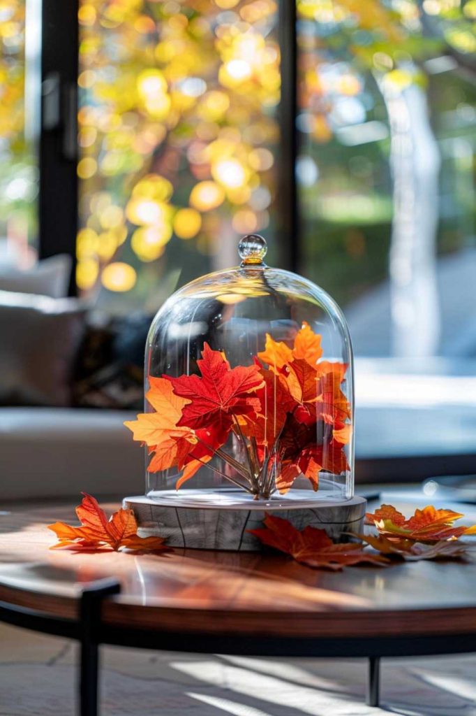 Bold red and orange maple leaves placed and scattered beneath a glass dome serve as a central festive fall element and embody the essence of the season.