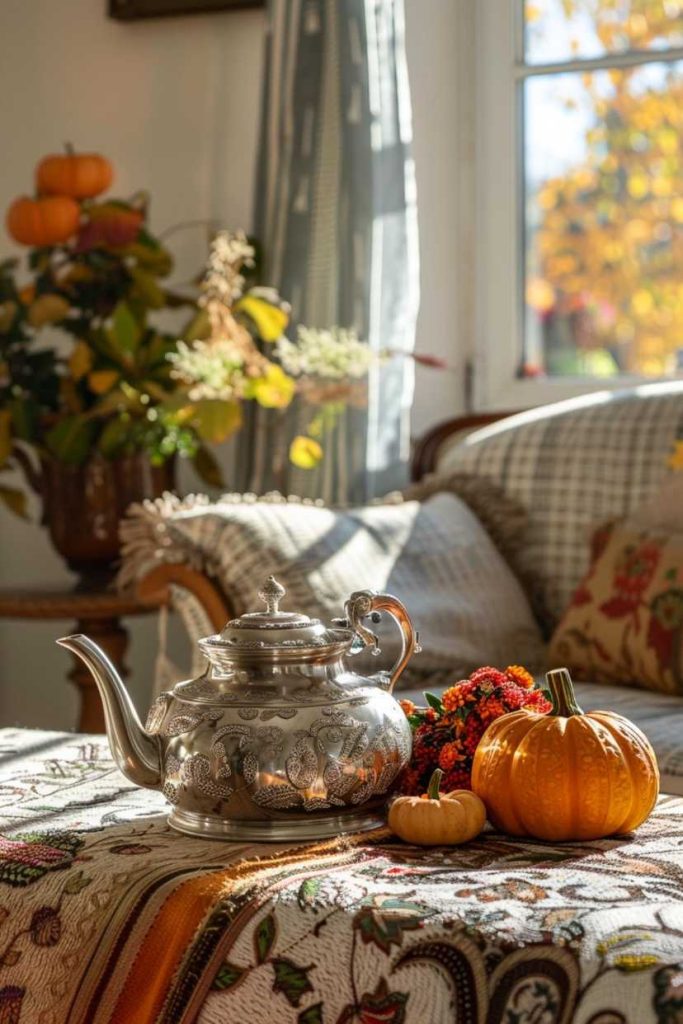 Family heirlooms, including a silver teapot and an embroidered tablecloth, add a touch of history and tradition to fall coffee table decor.